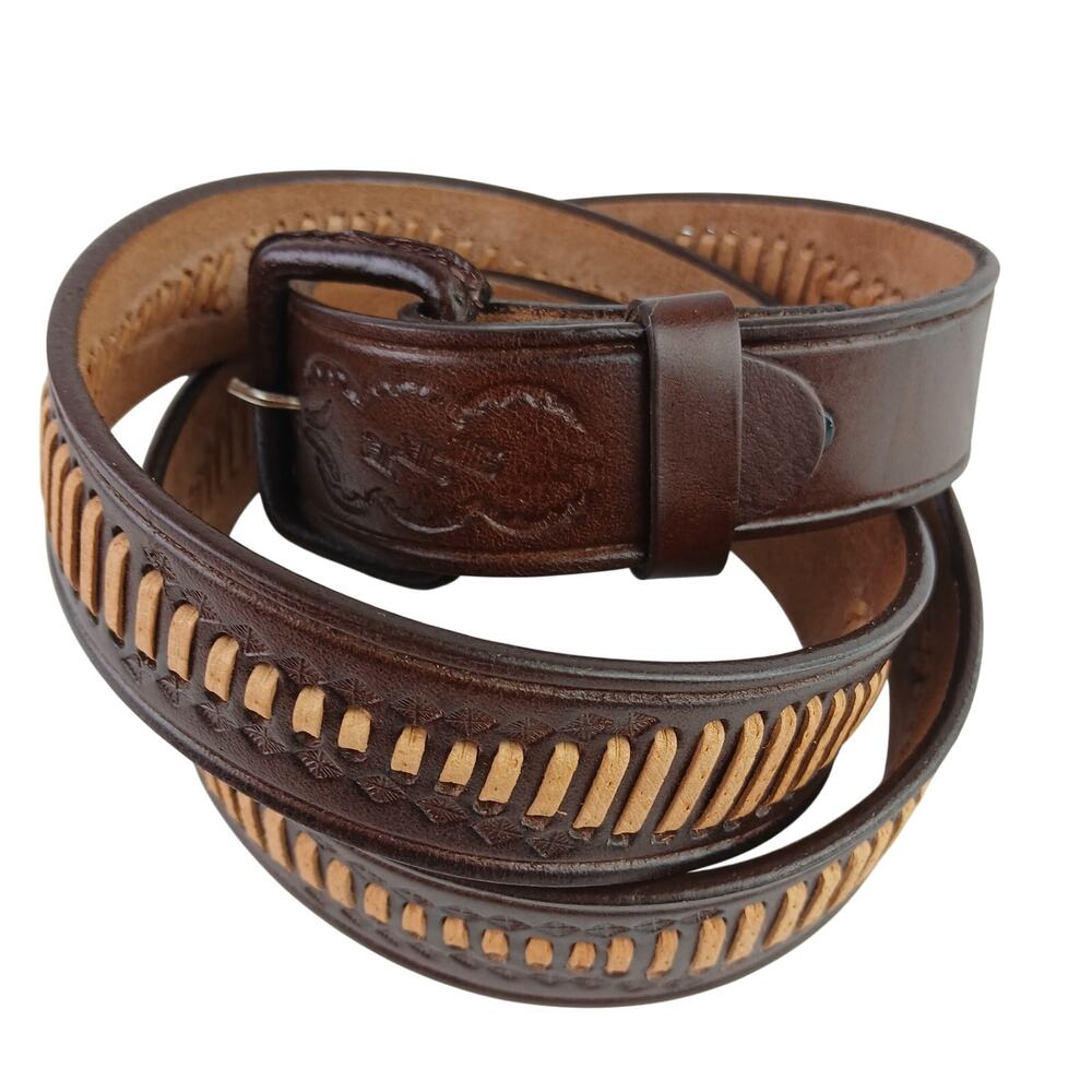 Men’s 48 Handcrafted Leather Belt Brown Embossed Stitched Removable Buckle NEW